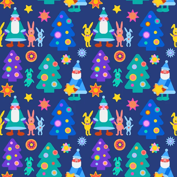 Buntes Neujahrsmuster Mit Weihnachtsbaum Weihnachtsmann Hase Und Sternen Für Packpapier — Stockvektor