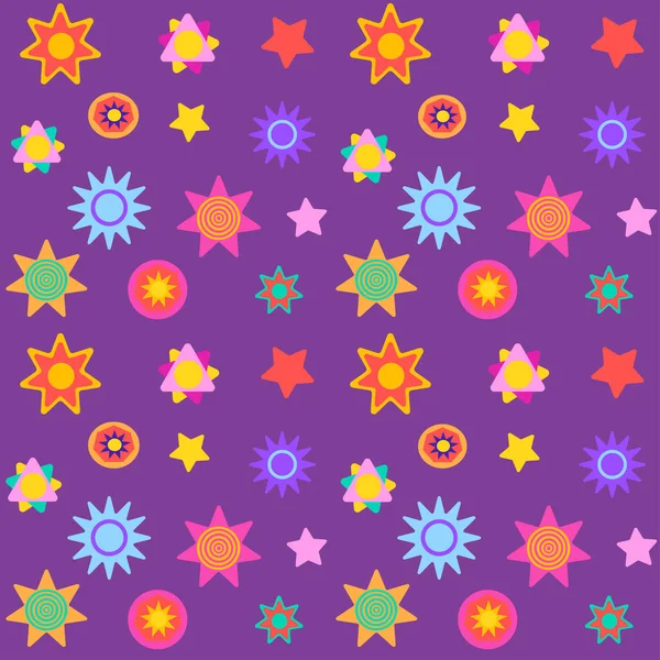 Seamless Pattern Colourful Stars Purple Background Wrapping Paper Textile Cards — Stock Vector