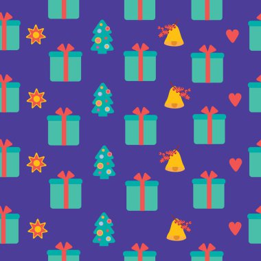 Mor arkaplandaki hediye kutusu kusursuz desen. Renkli bir Noel geçmişi. Tekstil, ambalaj kağıdı, ambalaj için.