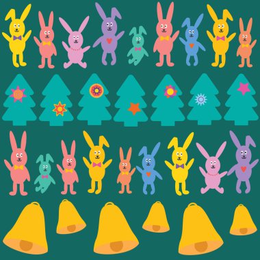 Tavşanlar, köknar ağaçları ve çanlar arka arkaya. Çizgili yeşil Noel ve kusursuz yeni yıl deseni. Tekstil, ambalaj kağıdı, ambalaj için.