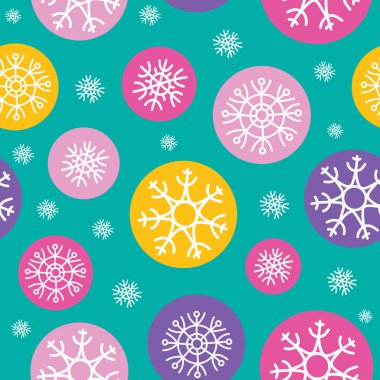 Yeşil arka planda renkli kabarcıklar halinde beyaz kar taneleri. Noel ve yeni yıl kusursuz geçiyor. Tekstil, ambalaj kağıdı, ambalaj için.