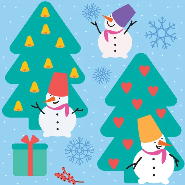 Снеговики Украшенные Ели Сосны Рождество Новый Год Шнурков Текстиля Оберточной — стоковый вектор