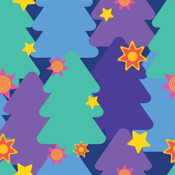 Buntes Tannen Oder Kiefernmuster Das Mit Sternen Verziert Ist Weihnachten — Stockvektor