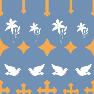 Güvercin, haç, zambak ve art arda yıldız. Mavi arka planda çizgili, pürüzsüz desen. Hristiyan sembolü kusursuz desen. Tekstil, ambalaj kağıdı, ambalaj için.