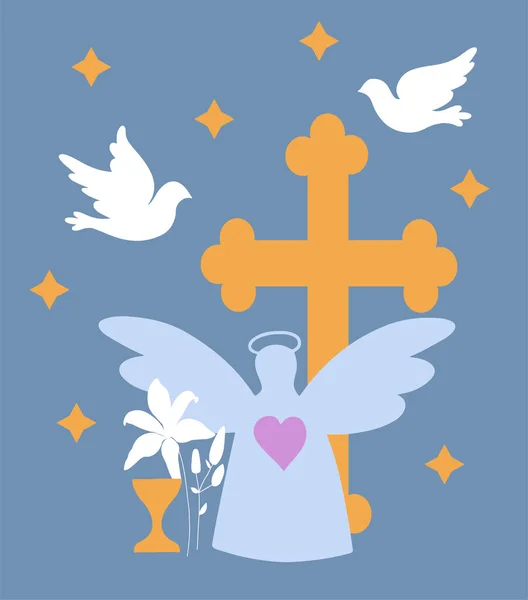 Kompozycja Symboli Chrześcijańskich Krzyż Gołąb Tęcza Kwiat Lilii Gwiazdy Niebieskim — Wektor stockowy