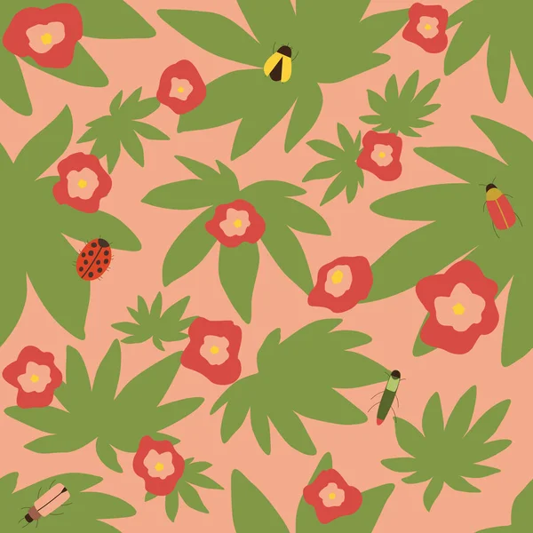 Fleurs Rouge Vif Motif Sans Couture Fleurs Coléoptères Sur Fond — Image vectorielle