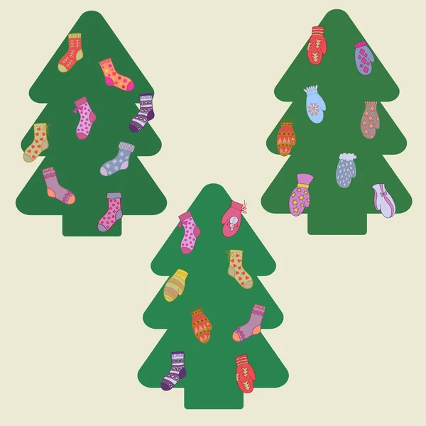 Weihnachtsbaum Mit Bunten Socken Und Fäustlingen Geschmückt Illustrationselemente Für Postkarte — Stockvektor