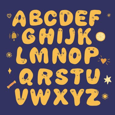 Gülümseyen yüzlü güzel bir el çizimi alfabesi. Çocukların tasarımı, koleksiyon defteri, selamlar, DIY projeleri için karalama mektupları.