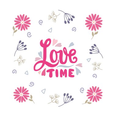Sevgi Zamanı 'nı dekoratif tasarım elementleriyle el çizimi. Koleksiyon defteri, selamlar, DIY projeleri için.