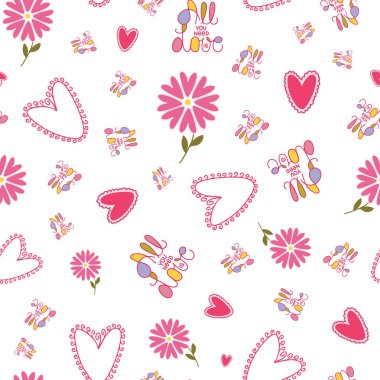 Kalpler, çiçekler ve kelimeler. Tek ihtiyacın olan kusursuz bir sevgi örneği. Paket kağıdı, tekstil, hatıra defteri, selamlar, DIY projeleri için.