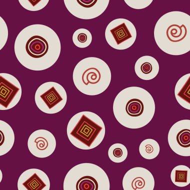 İçinde kabile tarzı elementler olan beyaz daireler. Mor arka planda etnik tarz. Tekstil, ambalaj, DIY projeleri için..