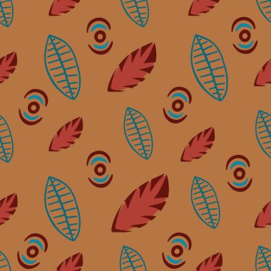El çizimi, turuncu arka planda kabile tarzı elementlerle kusursuz desen bırakıyor. Tekstil, ambalaj, DIY projeleri için.
