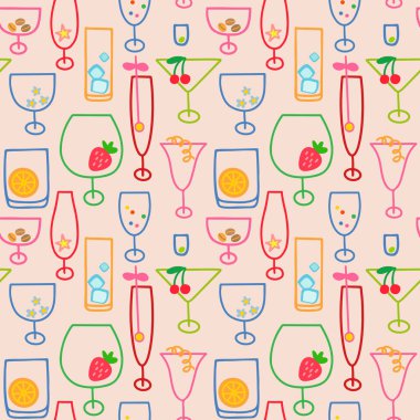 Kokteyl bardakları çeşitli renk, boyut ve stillerde kusursuz desenler çizer. Tekstil, Ambalaj Kağıdı, Paketleme ve Web Tasarımı Üzerine Yazdırma İçin.