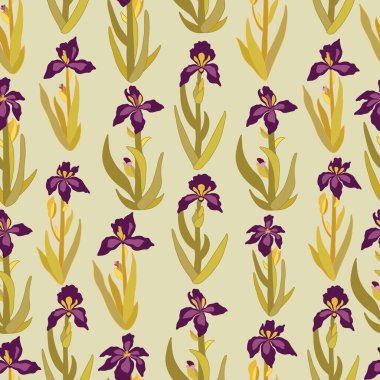 Koyu kırmızı, mor, Iris çiçekli el, yeşil arka planda pürüzsüz desen çizmiş. Tekstil, ambalaj kağıdı, ambalaj, DIY projeleri için.