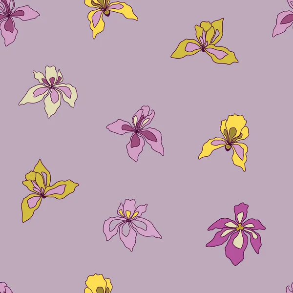 Iris flowers on purple background seamless pattern. For textile, wrapping paper, packaging, DIY projects.