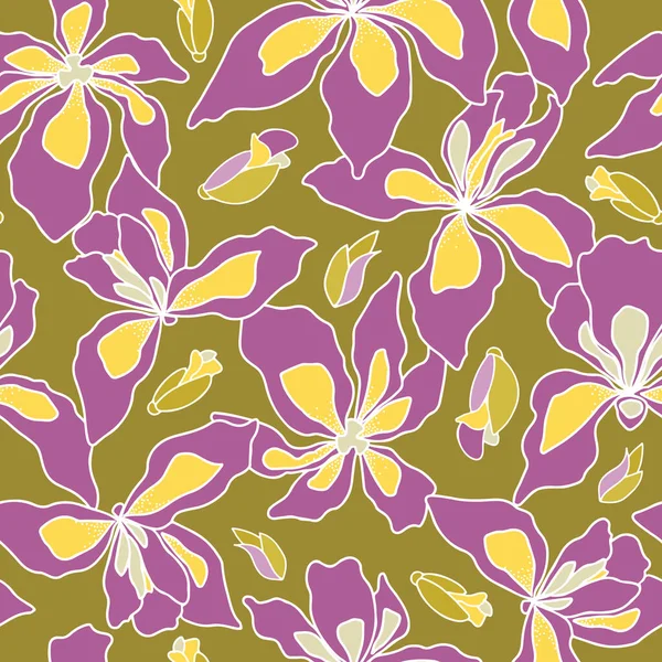 Iris Fleurs Motif Sans Couture Grande Échelle Sur Fond Vert — Image vectorielle