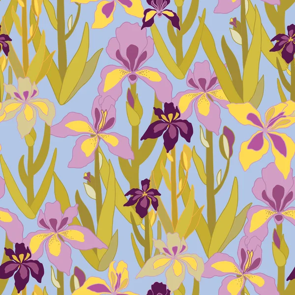 Irisblumen Garten Nahtloses Muster Auf Blauem Hintergrund Für Textilien Packpapier — Stockvektor