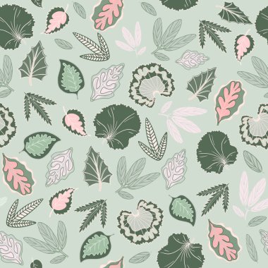 Leaves seamless pattern. Set of different leaves on mint green background. For home textile, wallpaper, wrapping, packaging, clothing.