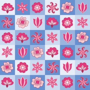 Kobalt mavisi kareli arka plan, pembe şekilli çiçekler. Kusursuz desen. Ev yapımı tekstil, duvar kâğıdı, ambalaj, giysi....