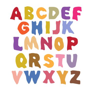 El çizimi karalama alfabesi. Warp renkli harfler. Çocuk tasarımı, koleksiyon defteri, selamlar, DIY projeleri için.