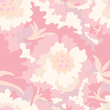 Beyaz ve pembe büyük ölçekli çiçek deseni, rüya gibi çizim, yumuşak tonsal aralık, akışkan. Tekstil, duvar kağıdı, ambalaj, DIY projeleri için.