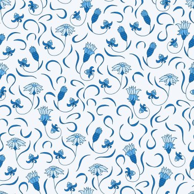 Mavi ve beyaz desenli kıvrımlı bitkiler, yeni sanat tarzında. Çizgi film gibi sadelik, acayip şekiller. Tekstil, duvar kağıdı, ambalaj, DIY projeleri için.