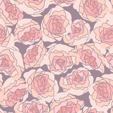 Pembe ve mor gül desenli romantik bir gül. İnce pastel renkler, büyük ölçekli, kompozisyon. Tekstil, duvar kağıdı, ambalaj, DIY projeleri için.