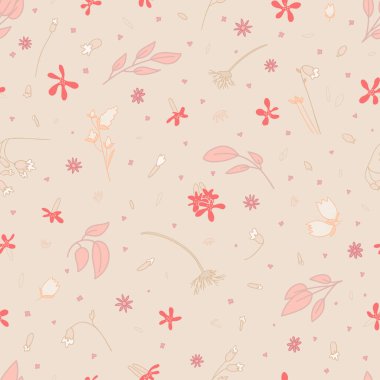 Beige seamless pattern with small red flowers. Ditsy scattered pattern. For textile, wallpaper, packaging, DIY projects.
