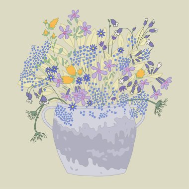 Wildflowers in the pot on light green background. Hand drawn flat illustration.