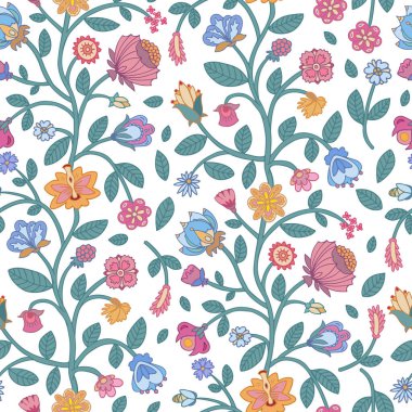 Beyaz arka planda çok renkli çiçeksiz desenler var. Kızılderili çiçekli desen. Tekstil, duvar kağıdı, ambalaj, DIY projeleri için.