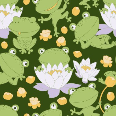 Kurbağa kusursuz desen. El çizimi çizgi film tarzı. Tekstil, duvar kağıdı, ambalaj, DIY projeleri için.