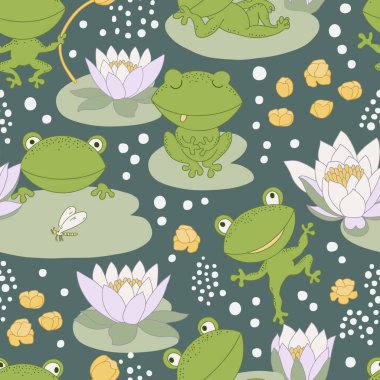Göldeki küçük kurbağalar. El çizimi karikatür tarzı kusursuz desen. Tekstil, duvar kağıdı, ambalaj, DIY projeleri için.