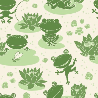 Komik kurbağalar. El çizimi karikatür tarzı kusursuz desen. Tekstil, duvar kağıdı, ambalaj, DIY projeleri için.