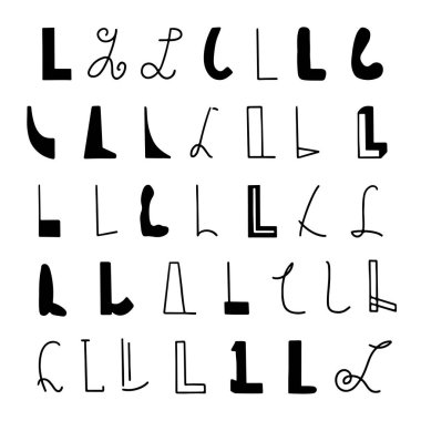 Farklı şekillerde L harfi seti. El çizimi harfler. Beyaz arka planda izole edilmiş. Vektör illüstrasyonu