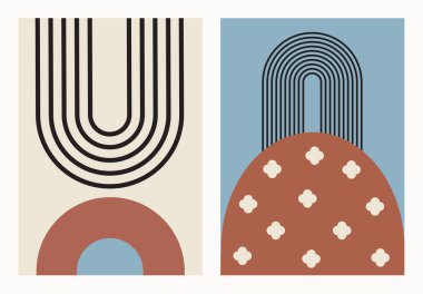 Retro Zen kemer seti. Soyut basit geometrik şekiller. Modern boho minimalist sanat. Duvar dekorasyonu, kart, poster, kapak, markalaşma için.