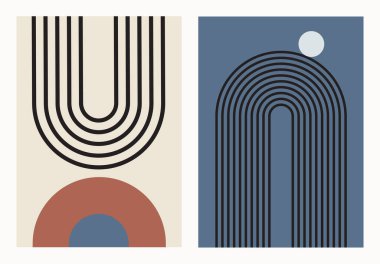 Zen kemeri hazır. Soyut geometrik şekiller. Modern boho minimalist sanat. Eski renklerde basit figürler ve satırlar. Duvar dekorasyonu, kart, poster, kapak, markalaşma için.