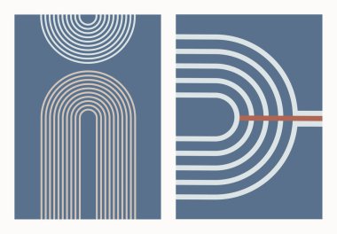 Retro Zen kemer seti. Soyut basit geometrik şekiller. Modern boho minimalist sanat. Duvar dekorasyonu, kart, poster, kapak, markalaşma için.