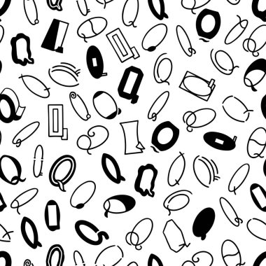 Q harflerinin değişik yönlere dağıldığı tek renkli bir kalıp, soyut ve sanatsal bir zemin yaratarak çeşitli tasarım projelerinde ya da duvar kağıdı olarak kullanılabilir..