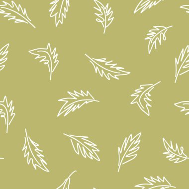 Zeytin yeşili arka planda elle çizilmiş pürüzsüz yapraklar. Minimalist çiçekli yinelemeli motif. Duvar kağıdı, kumaş veya diğer dekoratif uygulamalar için uygundur..