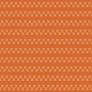 Minimalist geometrik turuncu desen, basit çizgilerin tekrar eden kum saati benzeri şekiller oluşturduğu yatay sıralar. Modern iç mekanlar, tekstil veya grafik tasarımı için uygundur.