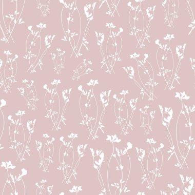 Sessiz, tozlu, pembe bir arka planda ince, beyaz çiçekli siluetlerin kusursuz deseni. Duvar kâğıdı, kumaş ya da kadınsı, dingin bir ev dekorasyonu için ideal..