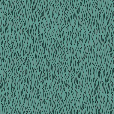 Dalgalı, alevimsi şekilleri olan kusursuz bir desen. Deniz mavisi arkaplanına siyah çizilmiş. El yapımı minimalist organik sanat.