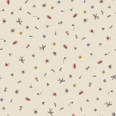 Dilsiz bej arka planda elle çizilmiş küçük böceklerle kusursuz desen. Tekstil, ambalaj kağıdı ve dekoratif tasarımlar için uygundur..