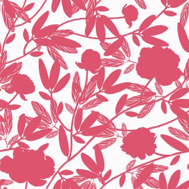 Kalın ve zarif bir çiçek deseni, çiçek açan şakayıklar ve gül tonlarında yapraklı dallar. Tekstil ve ev dekorasyonu için mükemmel..