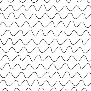 Beyaz arka planda dalgalı siyah çizgilerin kusursuz deseni. Yumuşak, ritmik akış.