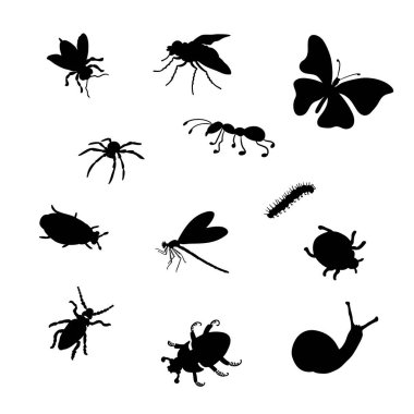 Şablon, el işi, modern dekoratif tasarımlar ve yaratıcı DIY projeleri için mükemmel siyah böcek koleksiyonu..