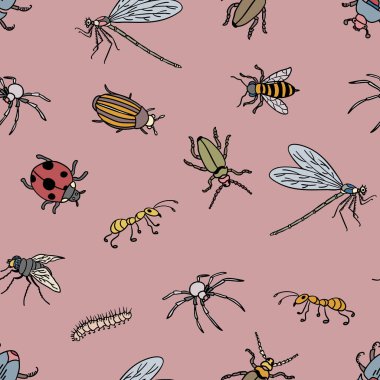 Pembe arka planda renkli böcekleri olan canlı böcek deseni. Tekstil, duvar kağıtları ve yaratıcı projeler için mükemmel..