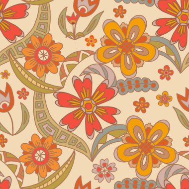 Cesur çiçeklerle ve sıcak toprak tonlarında girdap şeklinde bahçe şekilleriyle neşeli bir retro çiçek deseni..