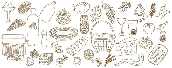 Akdeniz yemekleri, içecekleri ve mutfak malzemelerinin detaylı bir taslak seti. Tarif kitapları, menüler, ambalaj ve aşçılık projeleri için.