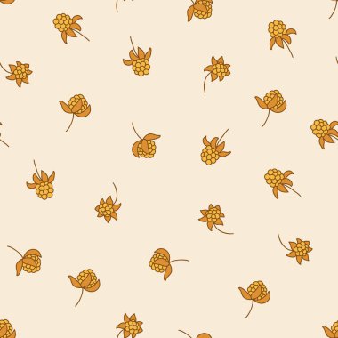 Elle çizilmiş dutlu pürüzsüz desen, bej arka planda ılık turuncu tonlu kuzey kutup çilekleri, küçük ölçekli, kırsal ve doğal tarzda.